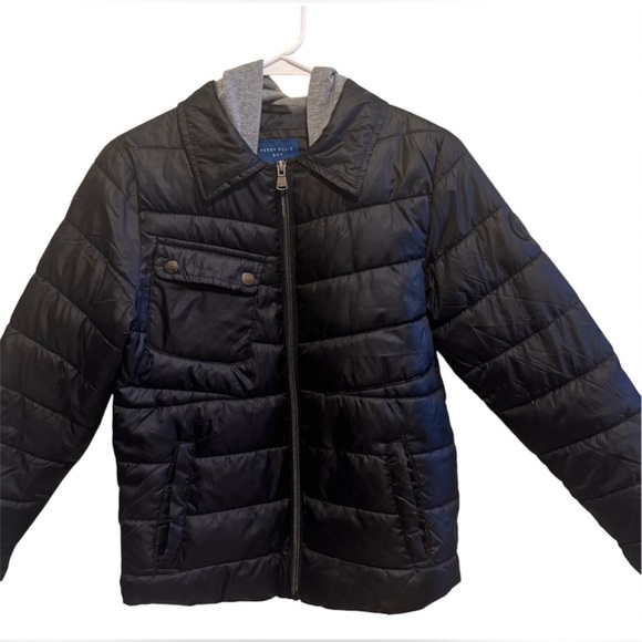 Perry Ellis Boy Black Puffer Jacket With Grey Hood Sz 14/16 - Picture 1 of 9